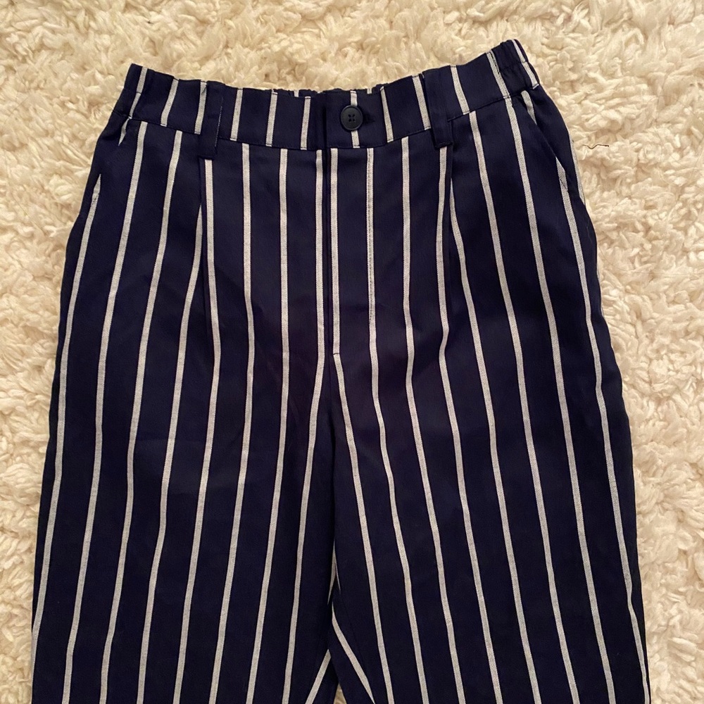 blue and white striped pants